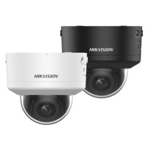 Hikvision DS-2CD2746G2H-IPTRZS 4 MP AcuSense Dome Kamera, siyah ve beyaz renkli, iki kamera.